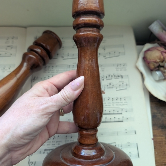 Vintage Pair Brown Wooden Candle Holders - Picture 3 of 7